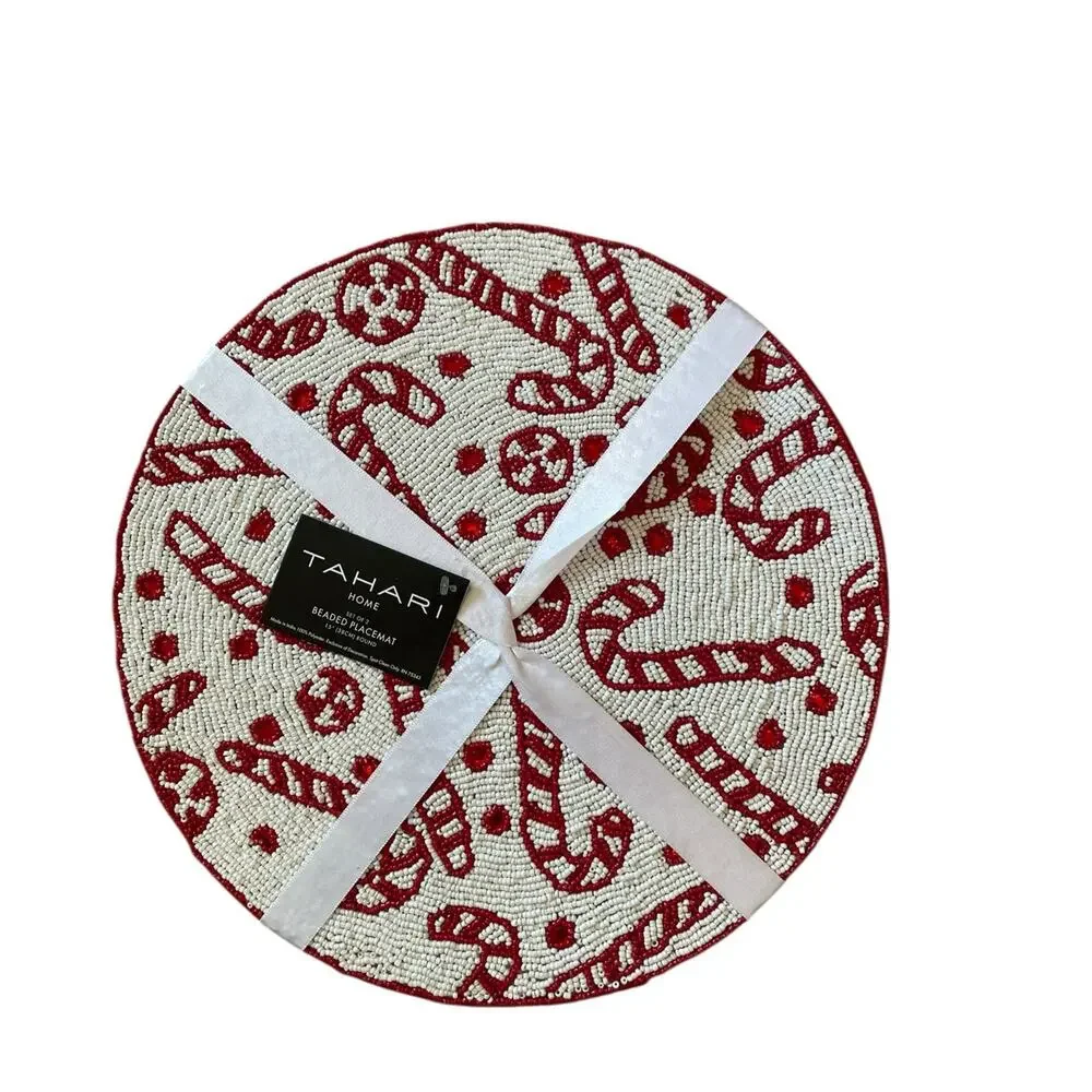 2pc Tahari Candy Cane Beaded Placemats 15in Christmas Holiday Red White New
